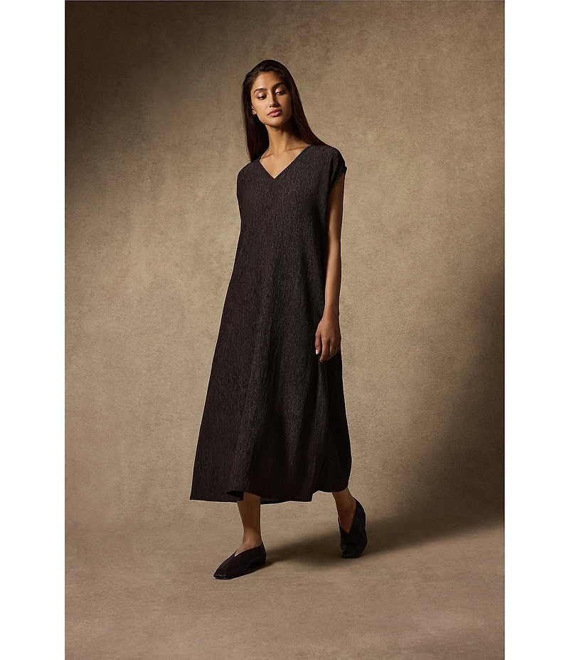 Eileen Fisher Woven Plisse V-Neck Cap Sleeve A-Line Dress