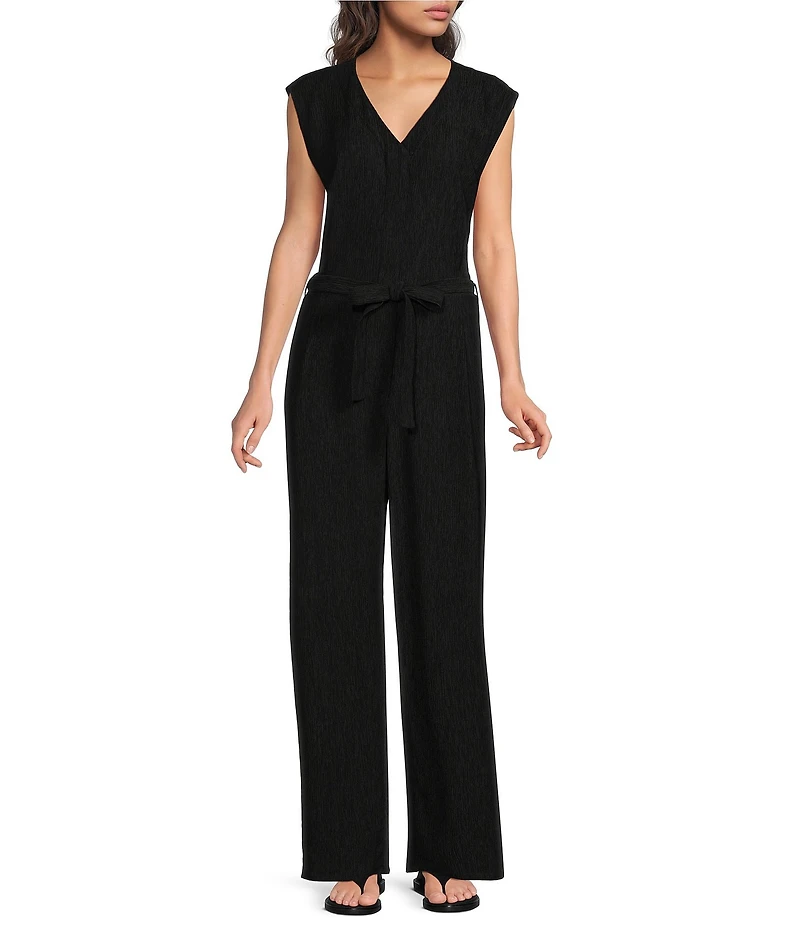 Eileen Fisher Woven Plisse V-Neck Sleeveless Wide-Leg Belted Jumpsuit