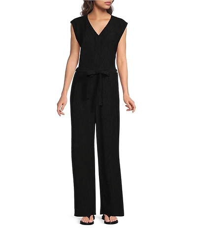 Eileen Fisher Woven Plisse V-Neck Sleeveless Wide-Leg Belted Jumpsuit
