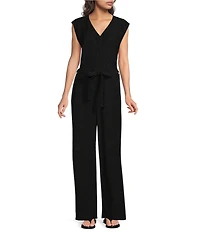 Eileen Fisher Woven Plisse V-Neck Sleeveless Wide-Leg Belted Jumpsuit
