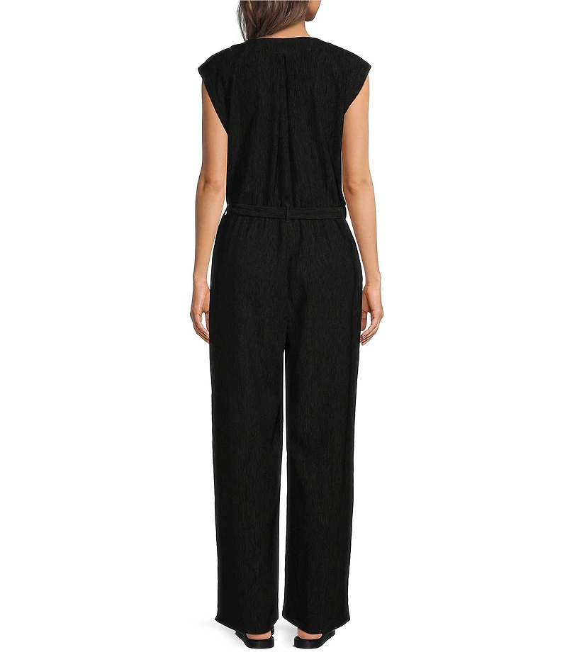 Eileen Fisher Woven Plisse V-Neck Sleeveless Wide-Leg Belted Jumpsuit