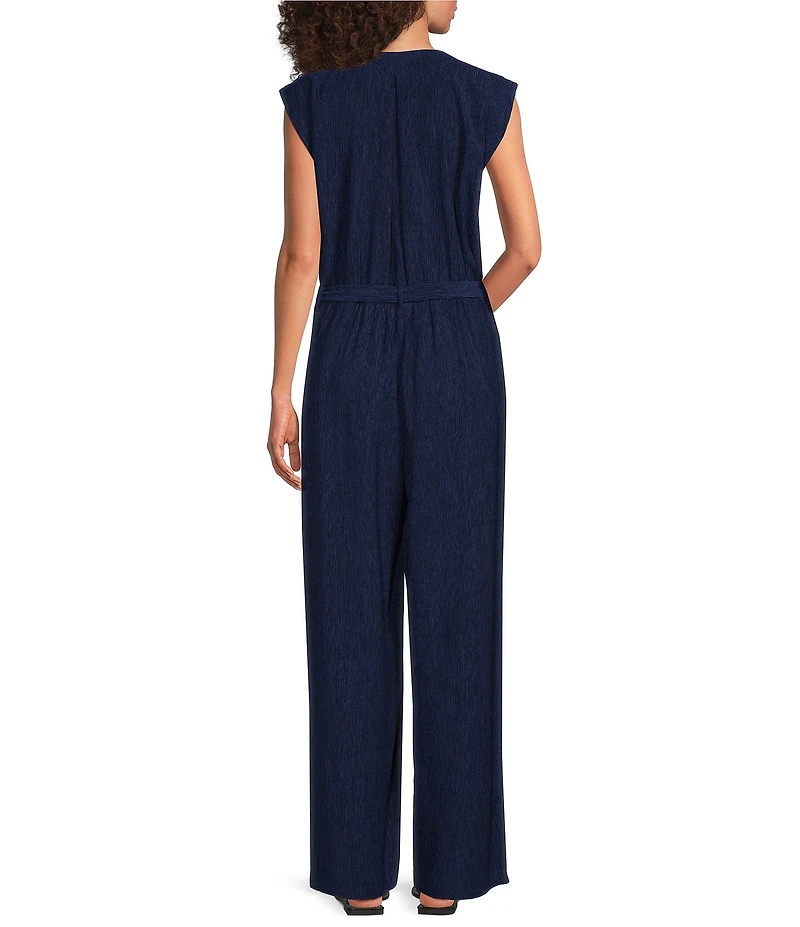Eileen Fisher Woven Plisse V-Neck Sleeveless Wide-Leg Belted Jumpsuit