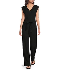 Eileen Fisher Woven Plisse V-Neck Cap Sleeve Wide-Leg Belted Jumpsuit