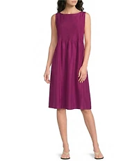 Eileen Fisher Woven Silk Boat Neck Sleeveless Pleated Dress