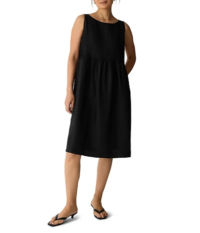 Eileen Fisher Woven Silk Boat Neck Sleeveless Pleated Dress