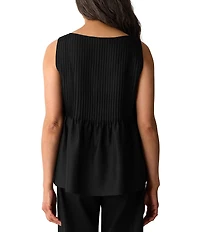 Eileen Fisher Woven Silk Pleated Bateau Neck Sleeveless Shell Top