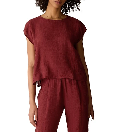 Eileen Fisher Yarn-Dyed Stripe Jewel Neck Cap Sleeve Top