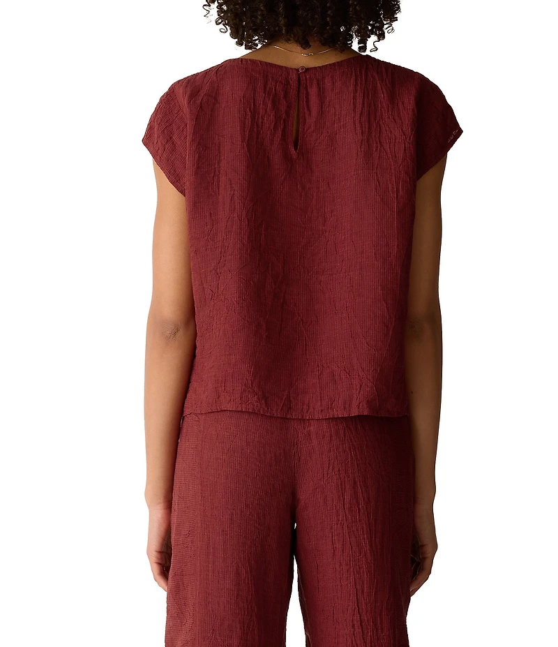 Eileen Fisher Yarn-Dyed Stripe Jewel Neck Cap Sleeve Top