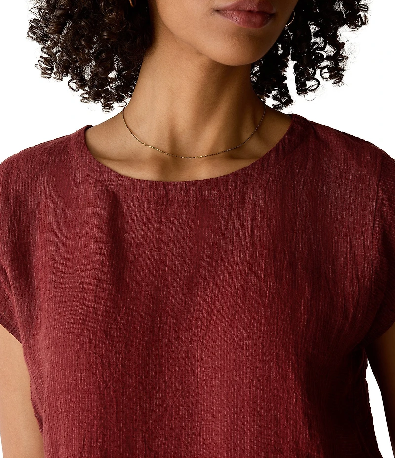Eileen Fisher Yarn-Dyed Stripe Jewel Neck Cap Sleeve Top