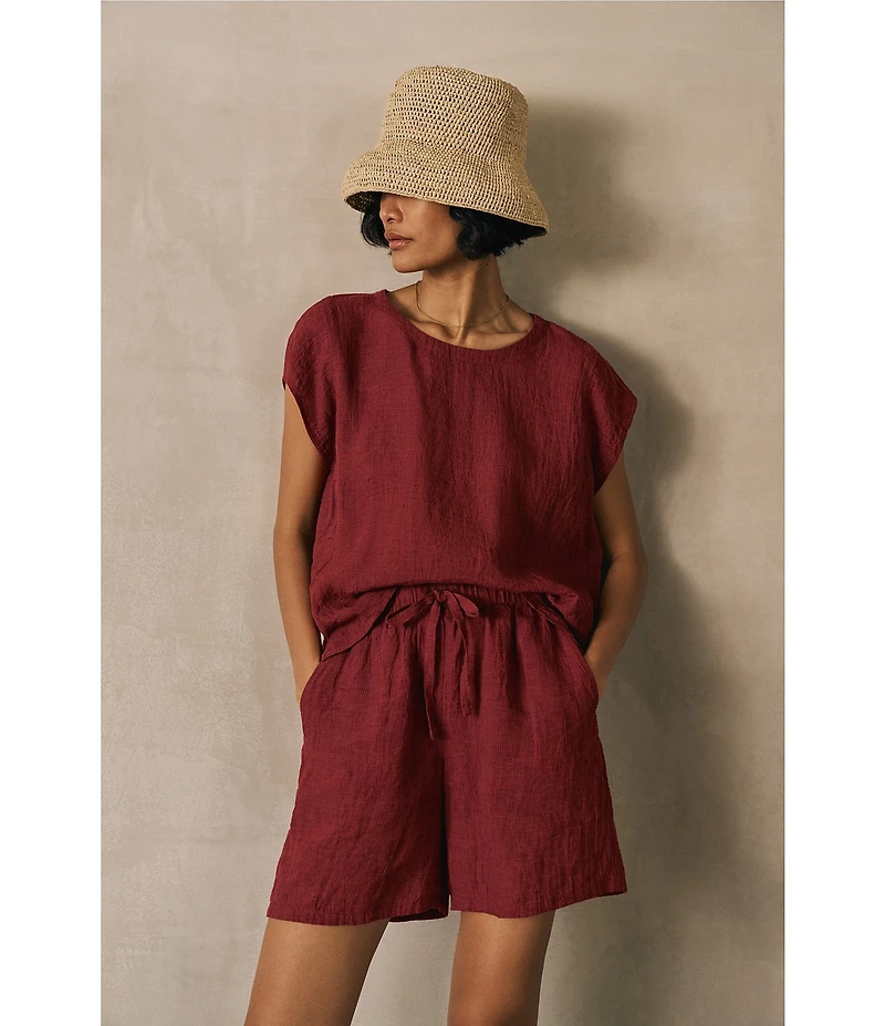 Eileen Fisher Yarn-Dyed Stripe Jewel Neck Cap Sleeve Top