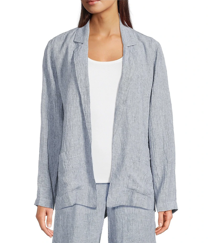 Eileen Fisher Yarn-Dyed Stripe Organic Linen Notch Lapel Long Sleeve Coordinating Blazer