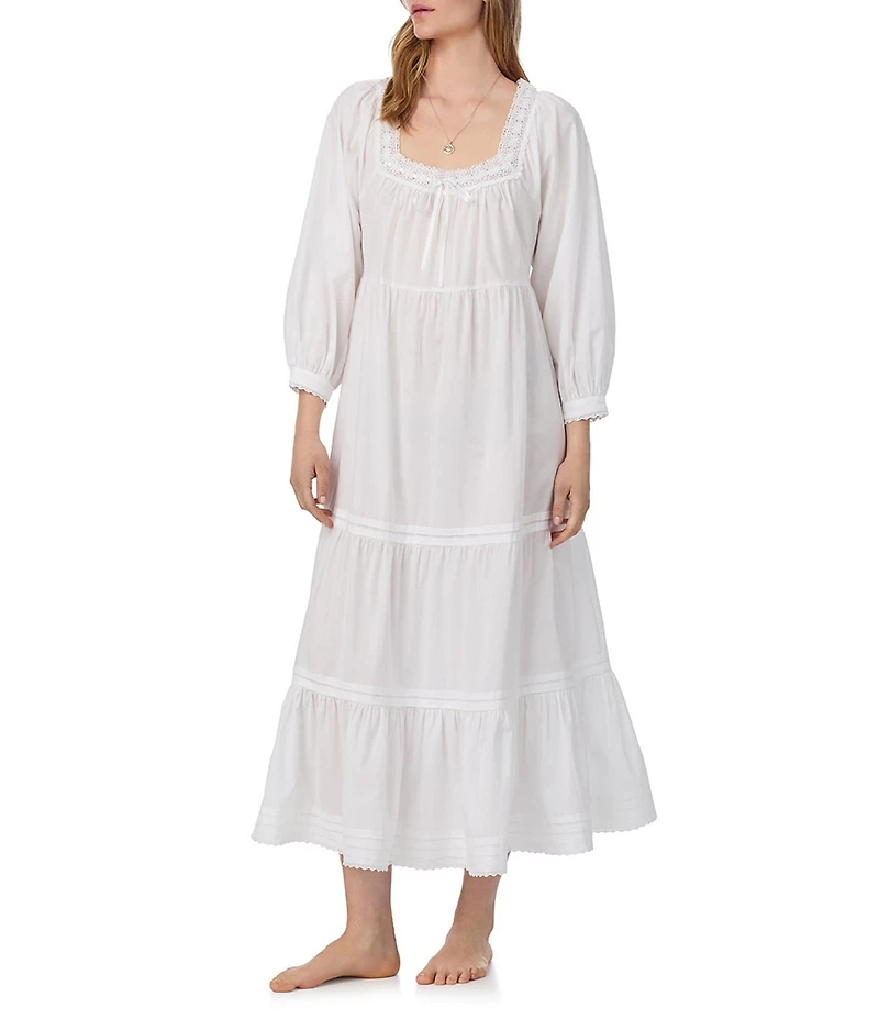 Eileen West 3/4 Sleeve Square Neck Solid Woven Cotton Lawn Tiered Ballet Nightgown