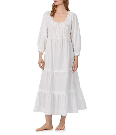 Eileen West 3/4 Sleeve Square Neck Solid Woven Cotton Lawn Tiered Ballet Nightgown