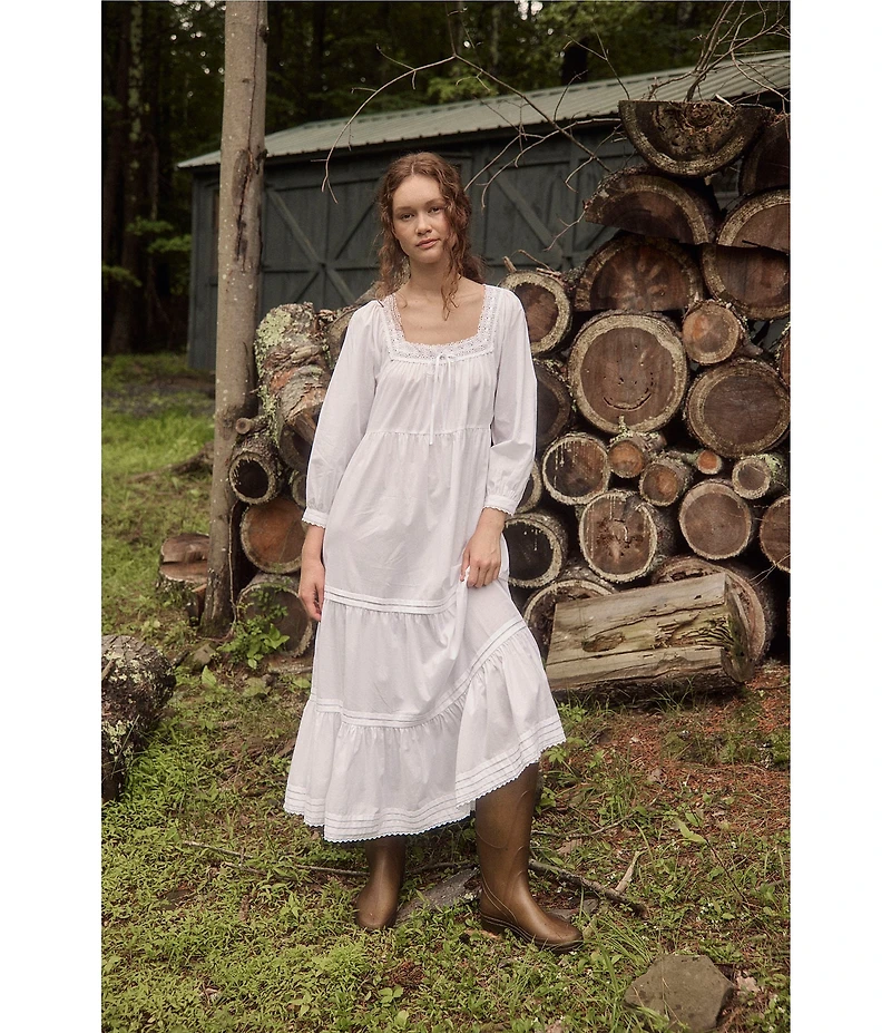 Eileen West 3/4 Sleeve Square Neck Solid Woven Cotton Lawn Tiered Ballet Nightgown