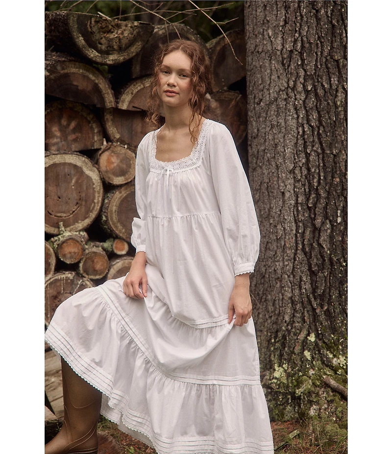 Eileen West 3/4 Sleeve Square Neck Solid Woven Cotton Lawn Tiered Ballet Nightgown