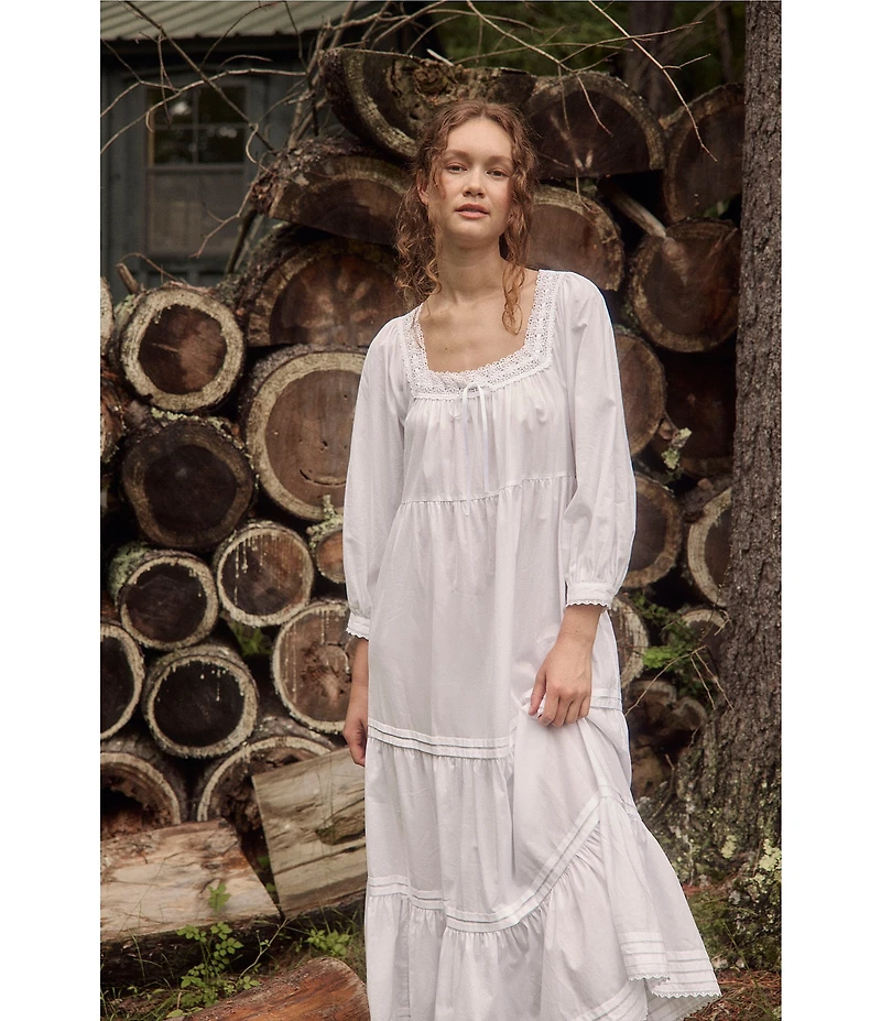 Eileen West 3/4 Sleeve Square Neck Solid Woven Cotton Lawn Tiered Ballet Nightgown