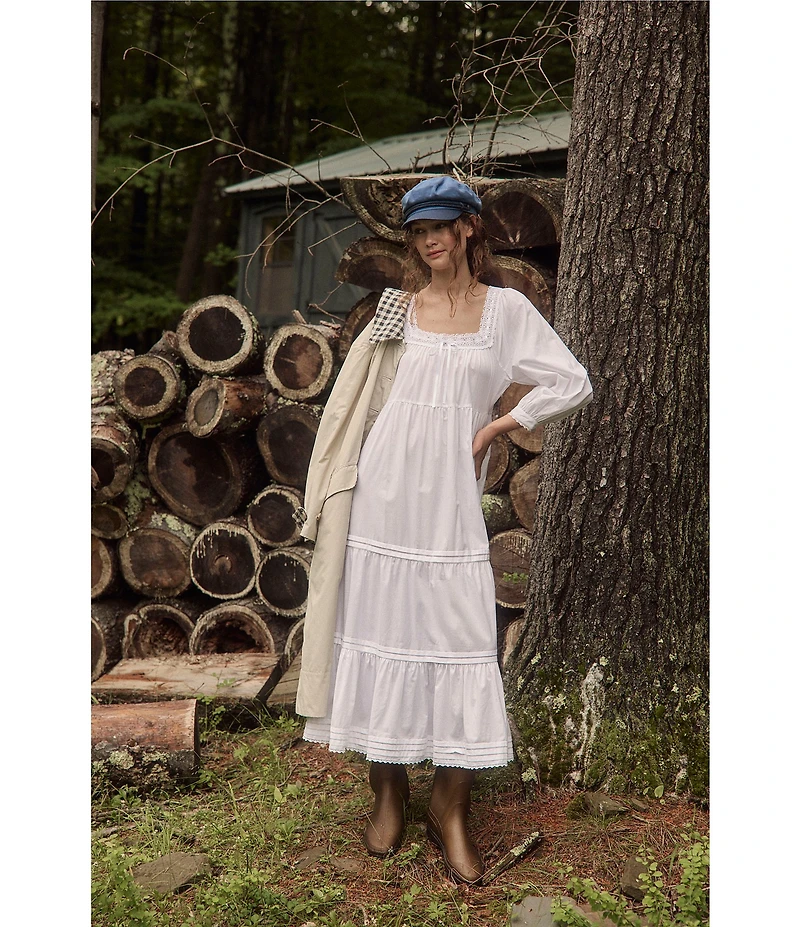 Eileen West 3/4 Sleeve Square Neck Solid Woven Cotton Lawn Tiered Ballet Nightgown