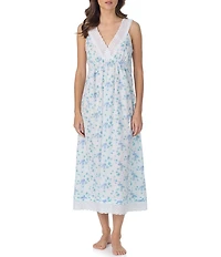 Eileen West Angela Floral Print Sleeveless V-Neck Woven Lawn Cotton Ballet Nightgown