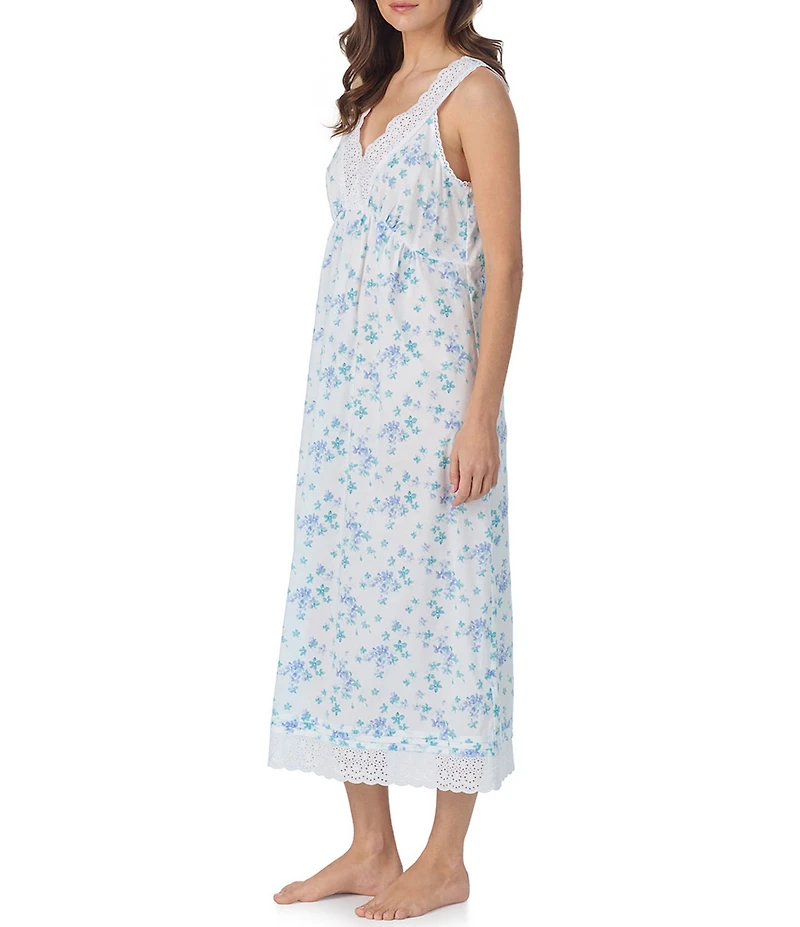 Eileen West Angela Floral Print Sleeveless V-Neck Woven Lawn Cotton Ballet Nightgown