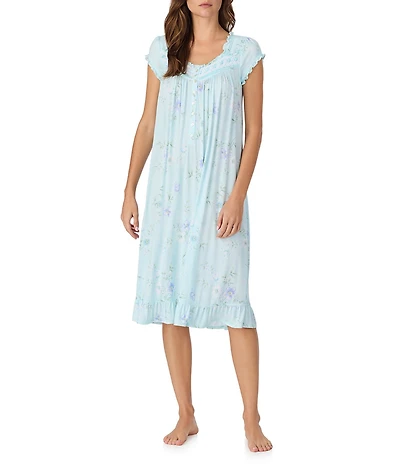 Eileen West Aqua Floral Print Cap Sleeve Sweetheart Neck Jersey Knit Waltz Nightgown