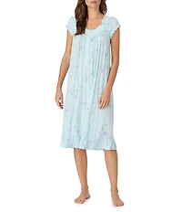 Eileen West Aqua Floral Print Cap Sleeve Sweetheart Neck Jersey Knit Waltz Nightgown