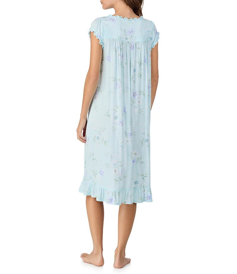 Eileen West Aqua Floral Print Cap Sleeve Sweetheart Neck Jersey Knit Waltz Nightgown