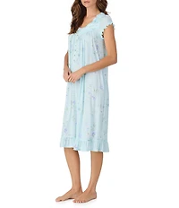 Eileen West Aqua Floral Print Cap Sleeve Sweetheart Neck Jersey Knit Waltz Nightgown