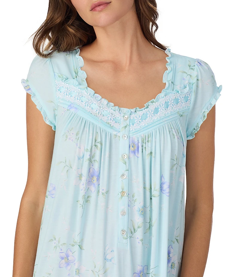 Eileen West Aqua Floral Print Cap Sleeve Sweetheart Neck Jersey Knit Waltz Nightgown