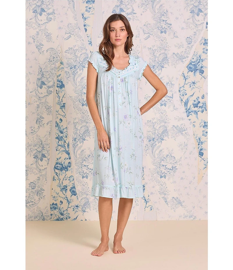 Eileen West Aqua Floral Print Cap Sleeve Sweetheart Neck Jersey Knit Waltz Nightgown