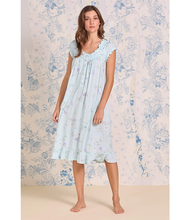 Eileen West Aqua Floral Print Cap Sleeve Sweetheart Neck Jersey Knit Waltz Nightgown