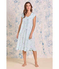 Eileen West Aqua Floral Print Cap Sleeve Sweetheart Neck Jersey Knit Waltz Nightgown