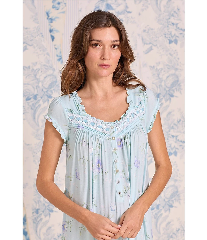 Eileen West Aqua Floral Print Cap Sleeve Sweetheart Neck Jersey Knit Waltz Nightgown