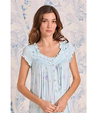 Eileen West Aqua Floral Print Cap Sleeve Sweetheart Neck Jersey Knit Waltz Nightgown
