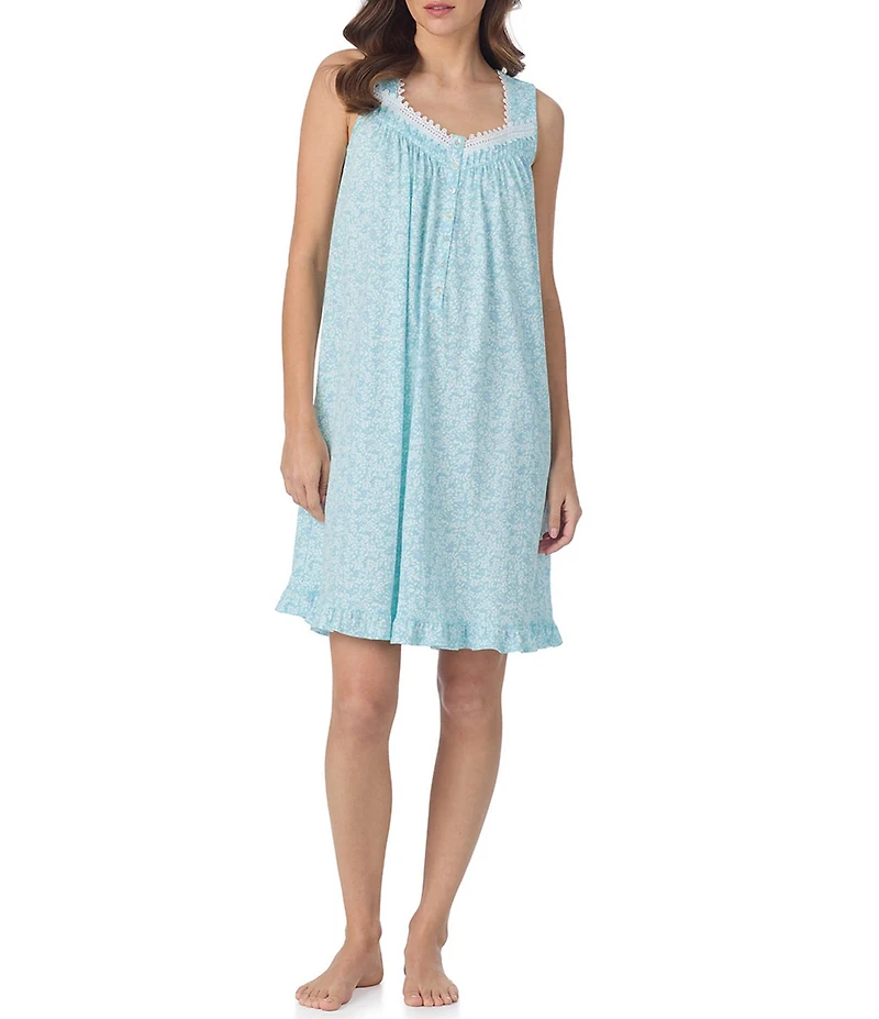 Eileen West Aqua Floral Sleeveless Sweetheart Neck Jersey Knit Cotton Short Nightgown