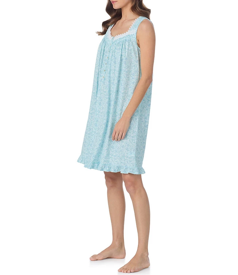 Eileen West Aqua Floral Sleeveless Sweetheart Neck Jersey Knit Cotton Short Nightgown
