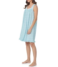 Eileen West Aqua Floral Sleeveless Sweetheart Neck Jersey Knit Cotton Short Nightgown
