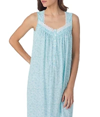 Eileen West Aqua Floral Sleeveless Sweetheart Neck Jersey Knit Cotton Short Nightgown