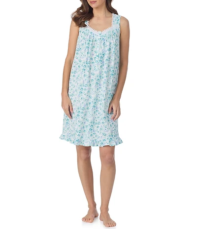 Eileen West Aqua Floral Sleeveless Sweetheart Neck Jersey Knit Cotton Short Nightgown