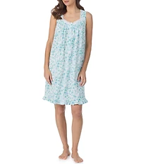 Eileen West Aqua Floral Sleeveless Sweetheart Neck Jersey Knit Cotton Short Nightgown