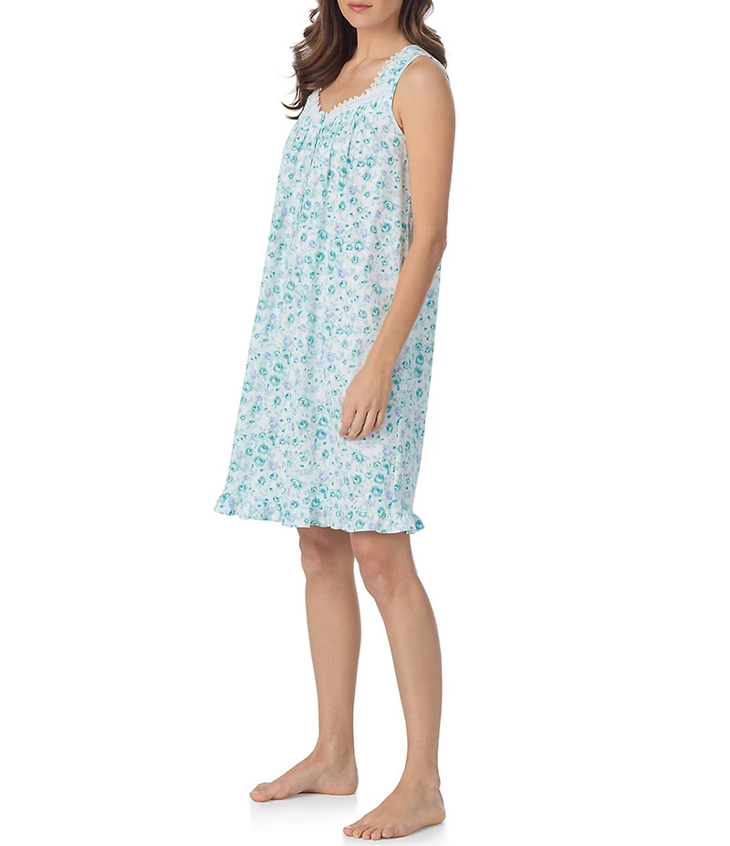 Eileen West Aqua Floral Sleeveless Sweetheart Neck Jersey Knit Cotton Short Nightgown