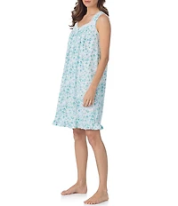 Eileen West Aqua Floral Sleeveless Sweetheart Neck Jersey Knit Cotton Short Nightgown
