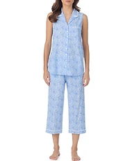 Eileen West Blue Hydrangea Print Sleeveless Notch Collar Jersey Knit Cotton Capri Pajama Set