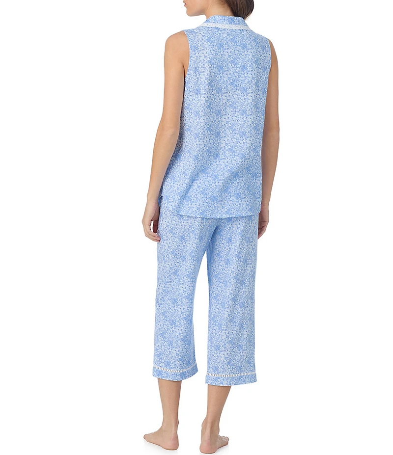 Eileen West Blue Hydrangea Print Sleeveless Notch Collar Jersey Knit Cotton Capri Pajama Set
