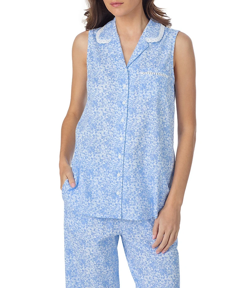 Eileen West Blue Hydrangea Print Sleeveless Notch Collar Jersey Knit Cotton Capri Pajama Set