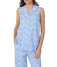 Eileen West Blue Hydrangea Print Sleeveless Notch Collar Jersey Knit Cotton Capri Pajama Set