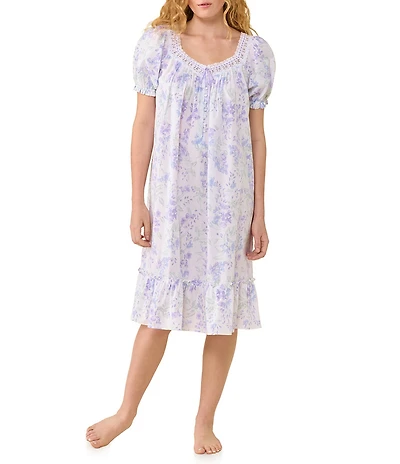 Eileen West Botanical Print Cap Sleeve Sweetheart Neck Woven Cotton Waltz Nightgown