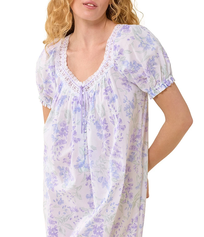 Eileen West Botanical Print Cap Sleeve Sweetheart Neck Woven Cotton Waltz Nightgown