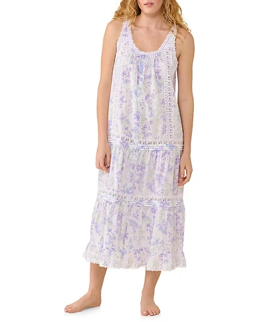 Eileen West Botanical Print Sleeveless Scoop Neck Woven Cotton Ballet Nightgown