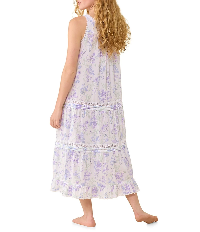Eileen West Botanical Print Sleeveless Scoop Neck Woven Cotton Ballet Nightgown