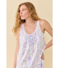 Eileen West Botanical Print Sleeveless Scoop Neck Woven Cotton Ballet Nightgown